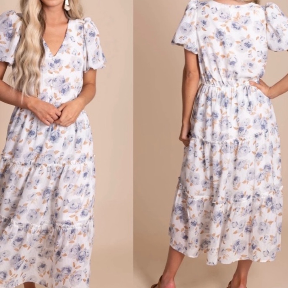 Moon River Puff Sleeve Tiered Floral Midi Maxi Dress XS EUC